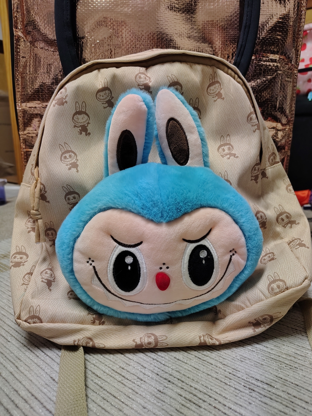 Cute Labubu-Inspired Character Face Plush Unbranded Backpack - Tan/Blue Lafufu